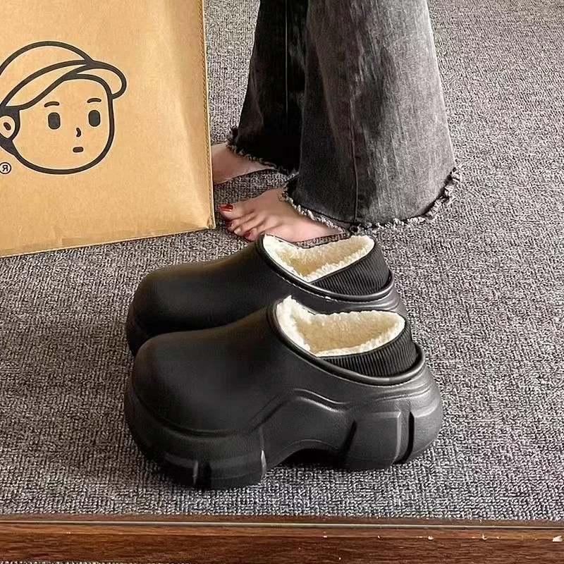 降温保暖厚底防水棉鞋女加绒包半拖鞋女新款秋冬小个子懒人棉拖鞋