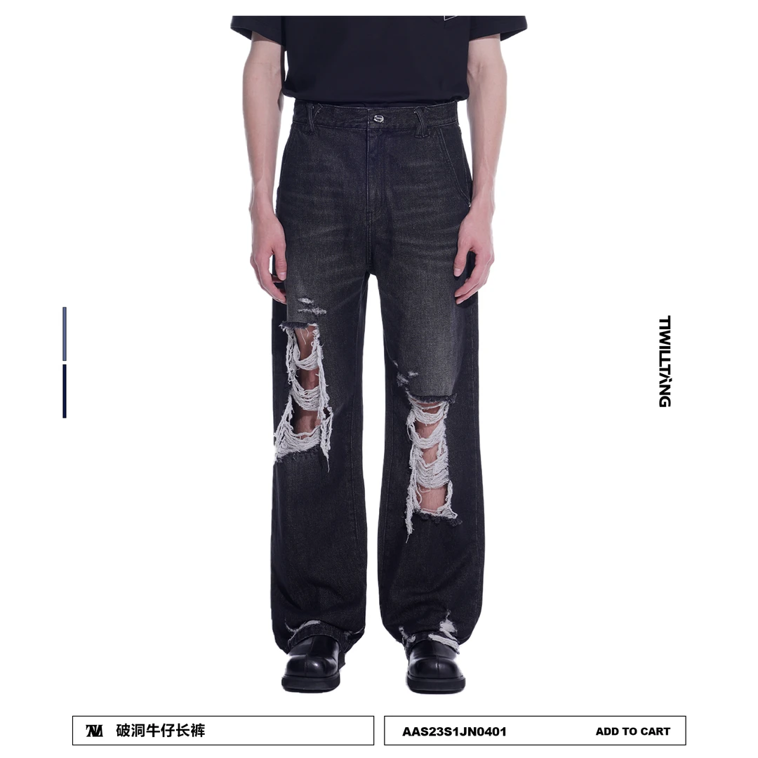 ASMEMMO咦哇•美式复古蓝色休闲破洞牛仔裤男夏季宽松高街长裤黑