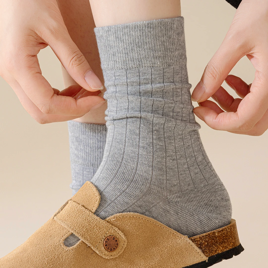 纯棉袜子女春秋格雷风穿搭高级排汗中筒袜无骨高弹防滑秋冬堆堆袜