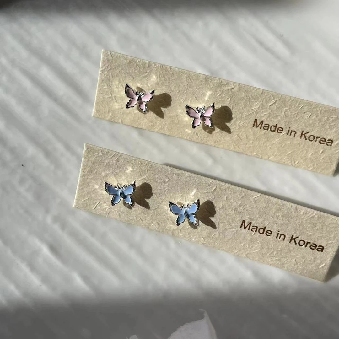 合金耳饰 氛围粉色滴釉蝴蝶耳钉新款百搭简约ins小众精致小巧通勤