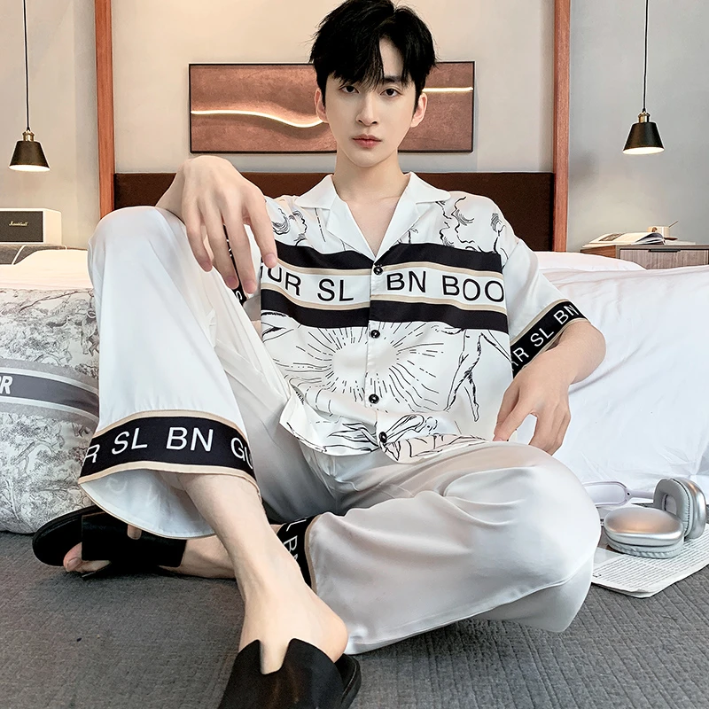 睡衣男士春秋冰丝短袖长裤套装睡衣男夏季柔光软丝透气大码家居服
