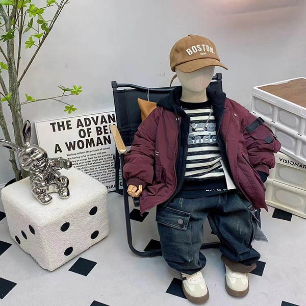 13-省心穿搭潮童深秋冬款加厚安哥拉红色外套条纹卫衣牛仔裤-8807