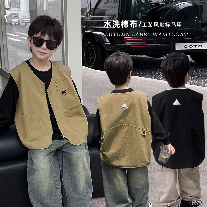 棉小班童装宝宝背心纯色贴标拉链男童马甲秋季儿童工装上衣AQ4027