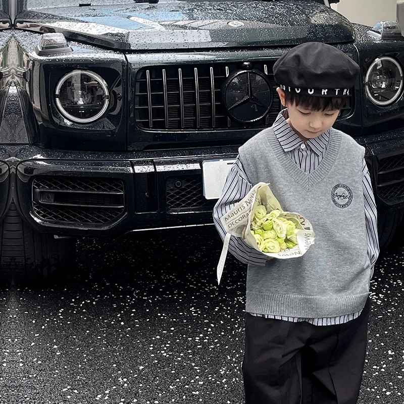 棉小班儿童绣花毛线背心2024秋季韩版针织外穿马甲男童潮AMY4021