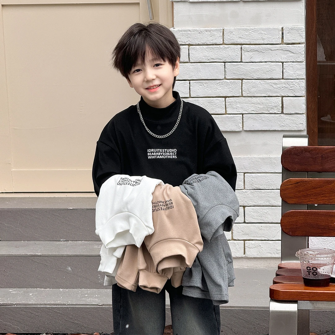 【Q】棉小班儿童百搭字母印花T恤半高领男童打底衫双面绒内搭AD4124