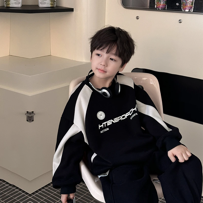 【Q】棉小班童装拼接印花卫衣2024秋冬一体绒撞色圆领上衣AD4085