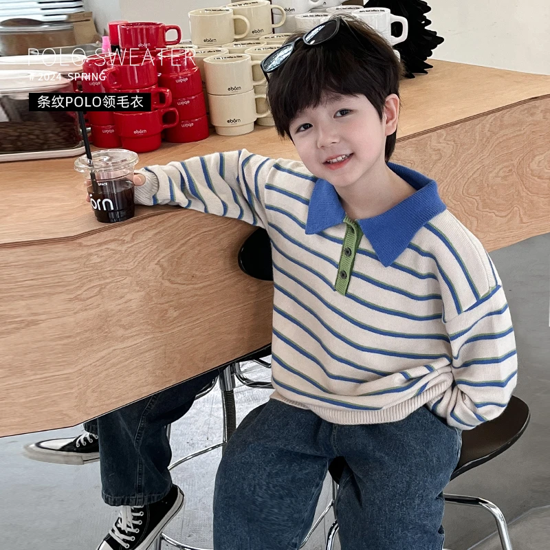 【特卖A】童装儿童条纹Polo领毛衣男童针织衫上衣MY4013