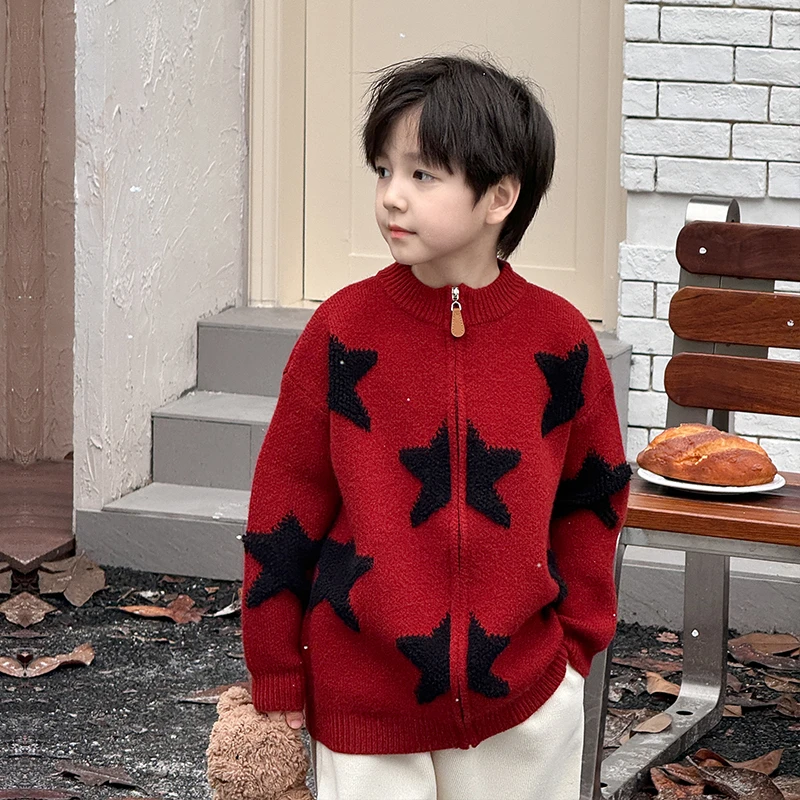 【Q】棉小班星星刺绣拉链针织开衫2024秋冬加厚男童毛衣外套AMY4062