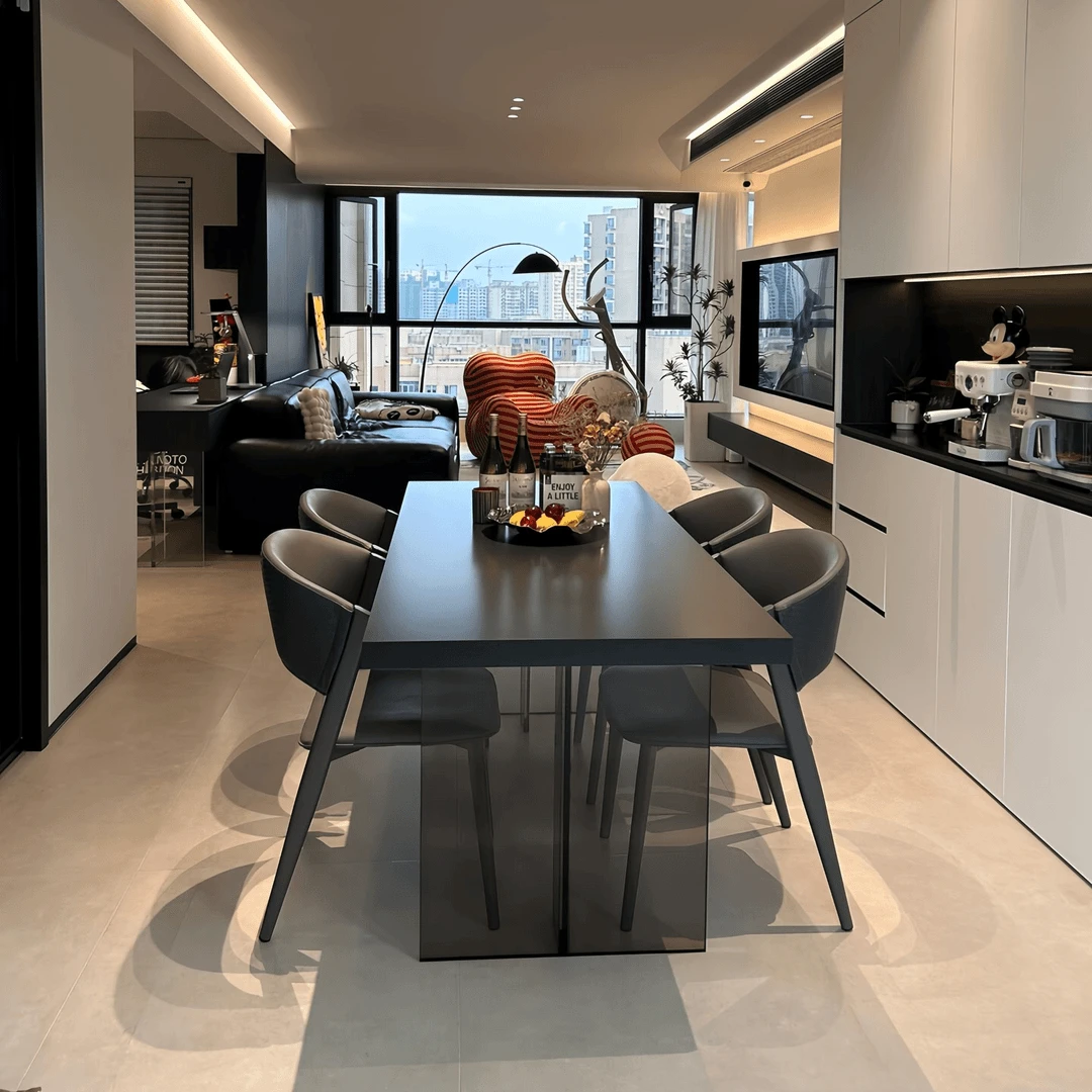 亚克力悬浮下挂轻奢餐厅餐桌意式极简款创意小户型黑色家用饭桌高