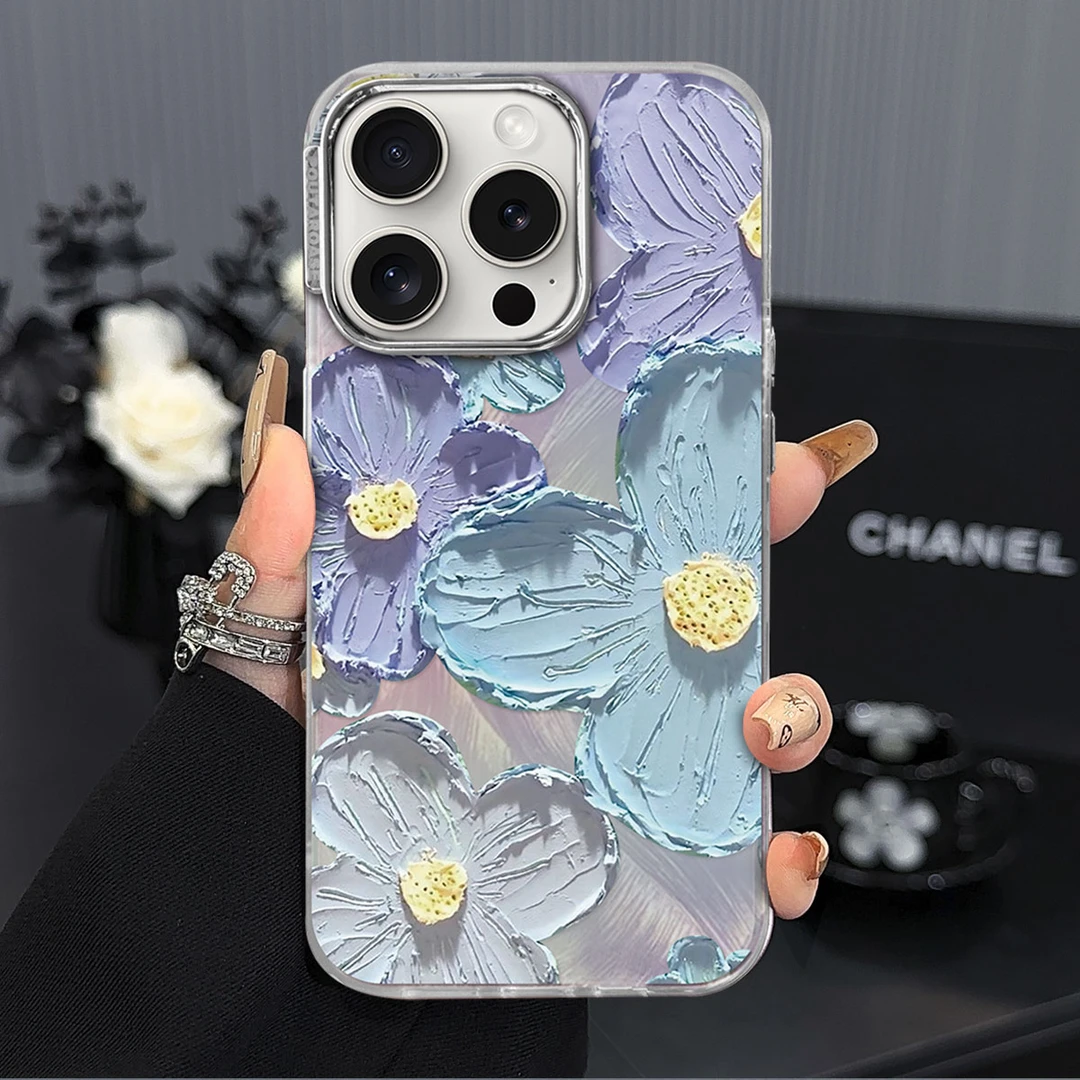 油画花渐变羽纱高级感手机壳15promax/14/14/12女款苹果防摔壳