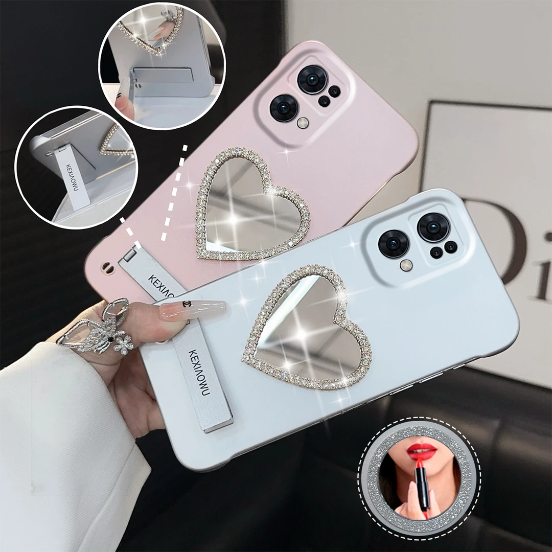 适用【OPPORENO7PRO】女款闪钻爱心补妆镜简约超薄无边框ins支架