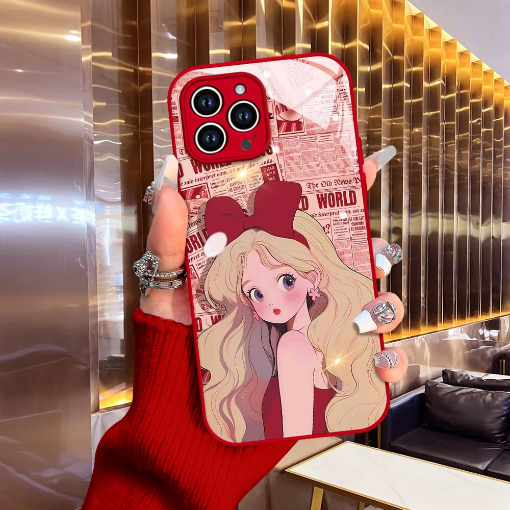 红色蝴蝶结女孩华为mate60玻璃壳苹果15iPhone14PROMAX防摔手机壳