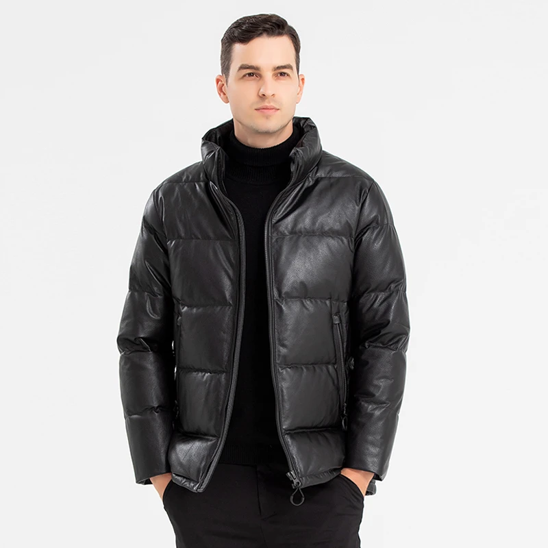 白鹅绒服男防风户外头层小牛皮短款立领时尚羽绒服男加厚御寒