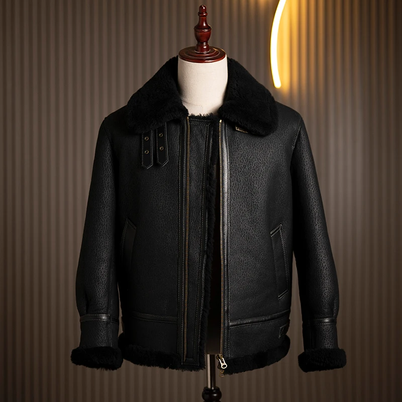 品质男士皮毛一体外套羔羊法皮复古真毛原生态冬季保暖厚翻领大衣