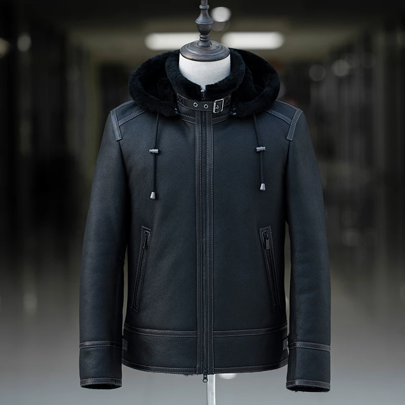 连帽原生态皮毛一体男真皮真毛羊皮外套冬季厚皮草大衣休闲夹克