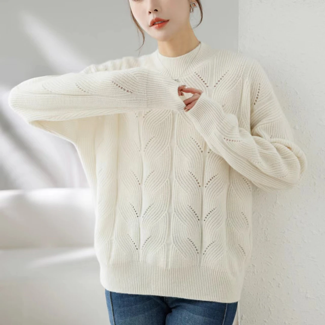100羊绒衫大麻花针织时尚百搭宽松半高领加厚圆领秋冬