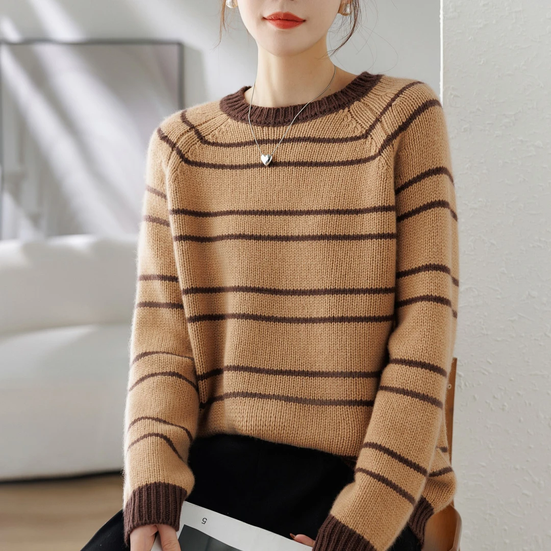 【门小九～海霞】纯羊绒白鹿同款针织气质长袖时尚百搭羊绒衫女24822