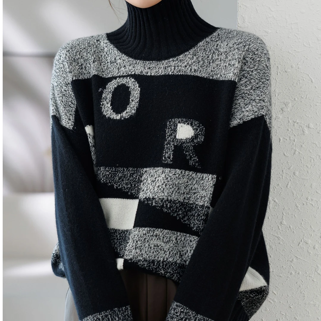 100山羊绒衫针织时尚女士宽松2310半高领秋冬撞色拼色