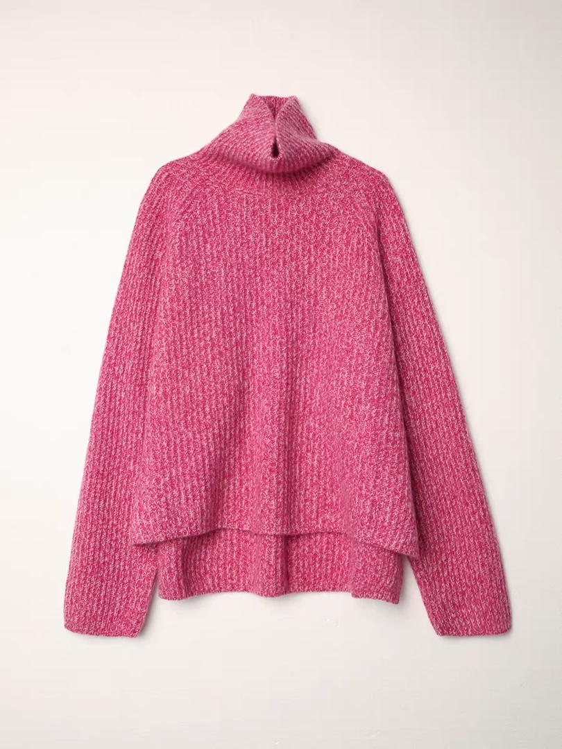 【门小九～海霞】【一眼征服】100山羊绒慵懒风高领针织花纱羊绒衫女