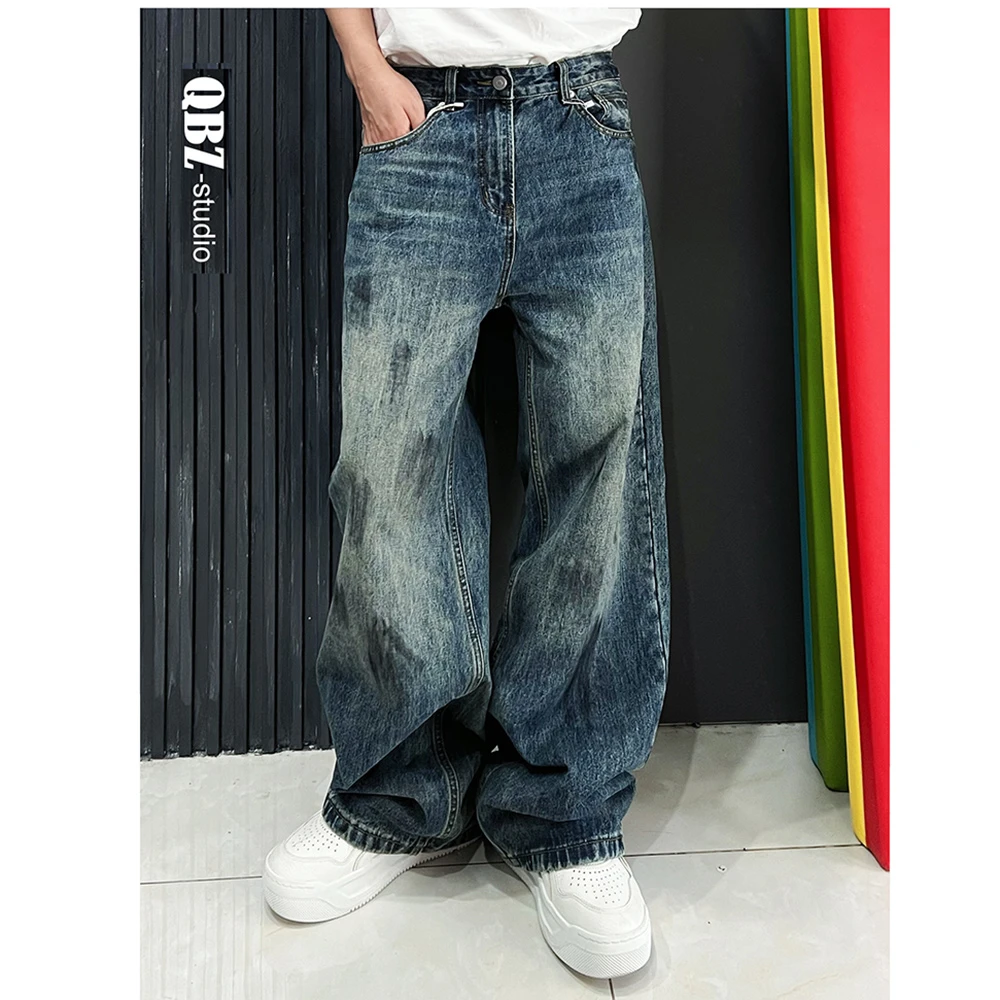QBZ巴黎设计感小众潮牌宽松阔腿直筒牛仔裤男复古脏脏裤子嘻哈潮