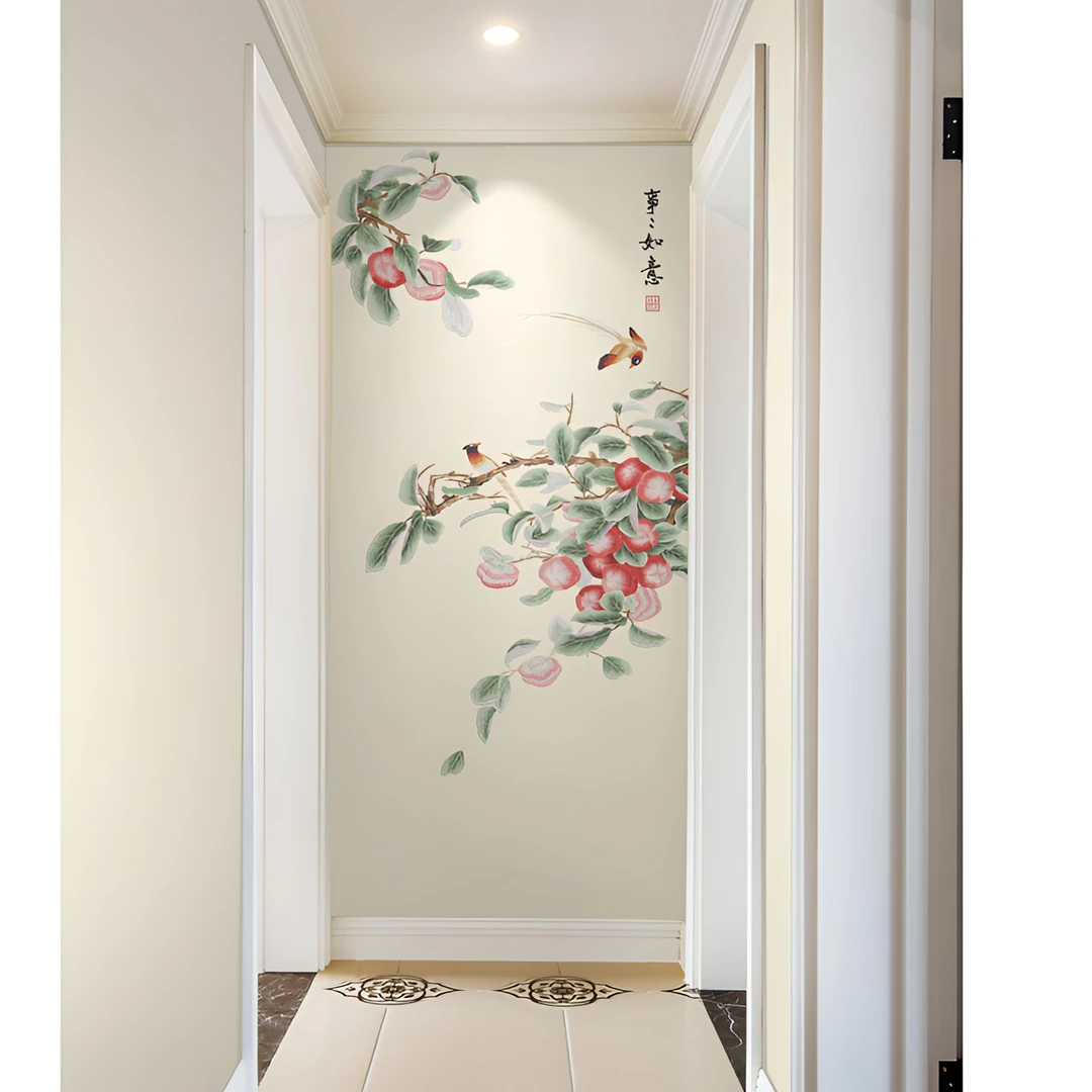 事事如意刺绣背景墙餐厅挂画玄关新中式百鸟朝凤背景墙墙布壁布