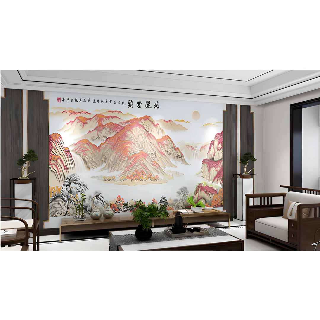 高端新中式鸿运当头山水背景独绣墙布办公室背景墙茶室壁画背景墙