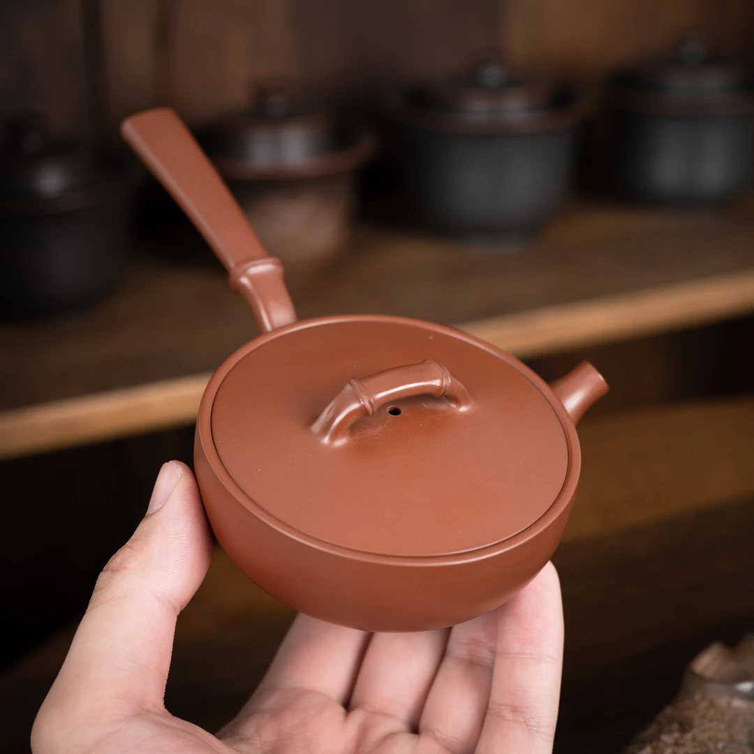 竹韵·平底锅侧把壶 约130毫升 钦州坭兴陶全手工茶壶