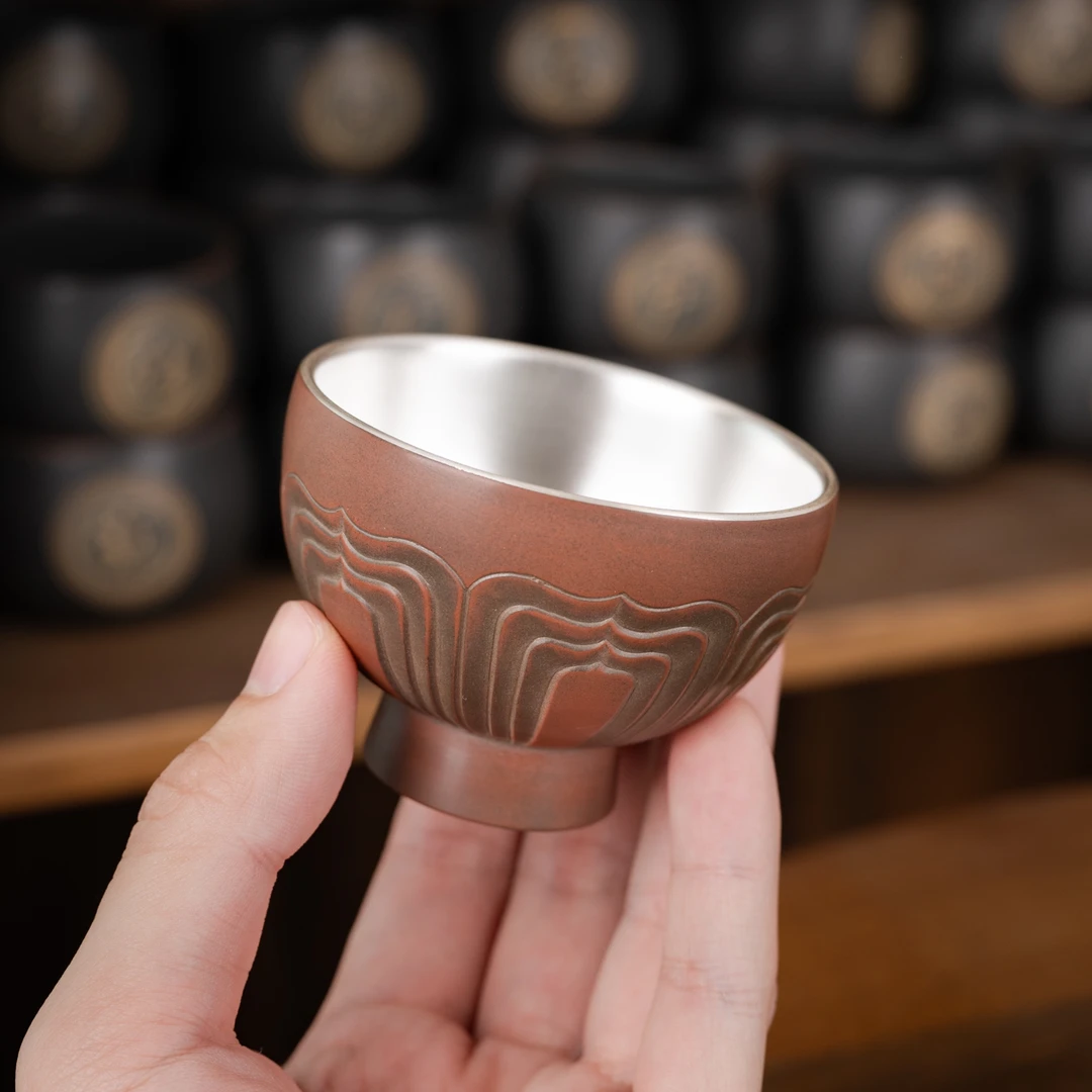 禅荷·银杯 钦州坭兴陶全手工茶杯 浮雕银杯
