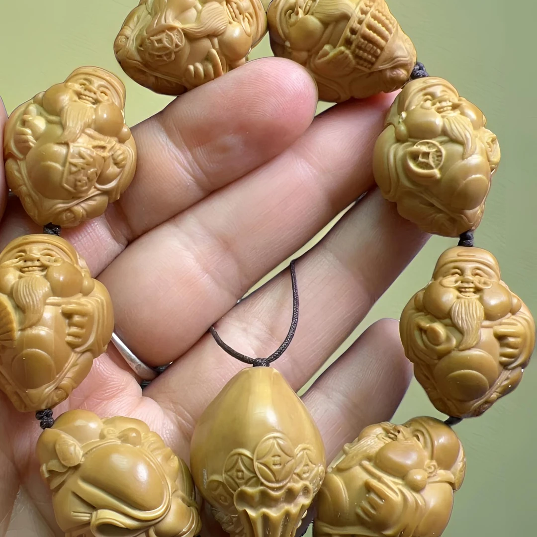 橄榄核雕刻男士文玩手串2.1大尺寸八大财神