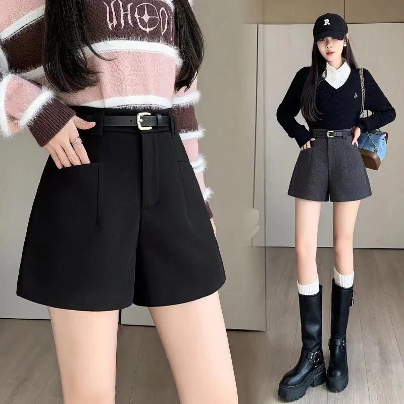 秋冬加厚毛呢口袋高腰阔腿短裤显瘦百搭五分靴裤
