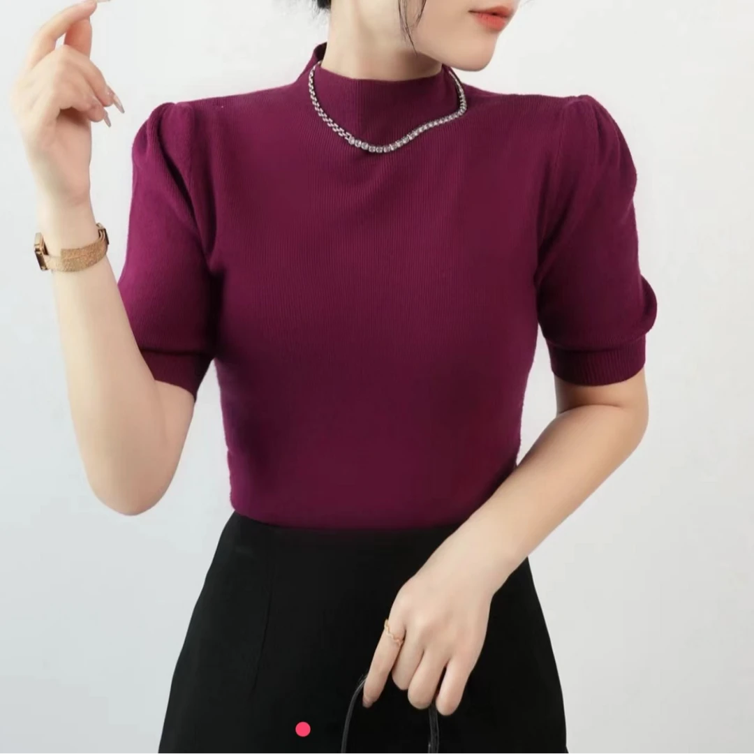 半高领百搭修身针织上衣显瘦法式时尚泡泡袖打底衫