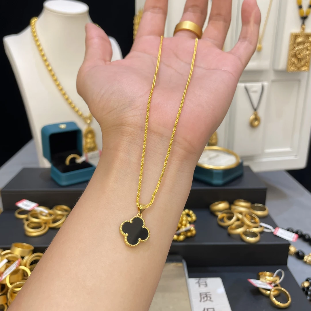 合金吊坠 【四叶草吊坠】轻奢时尚黑色双面经典金色中古素款