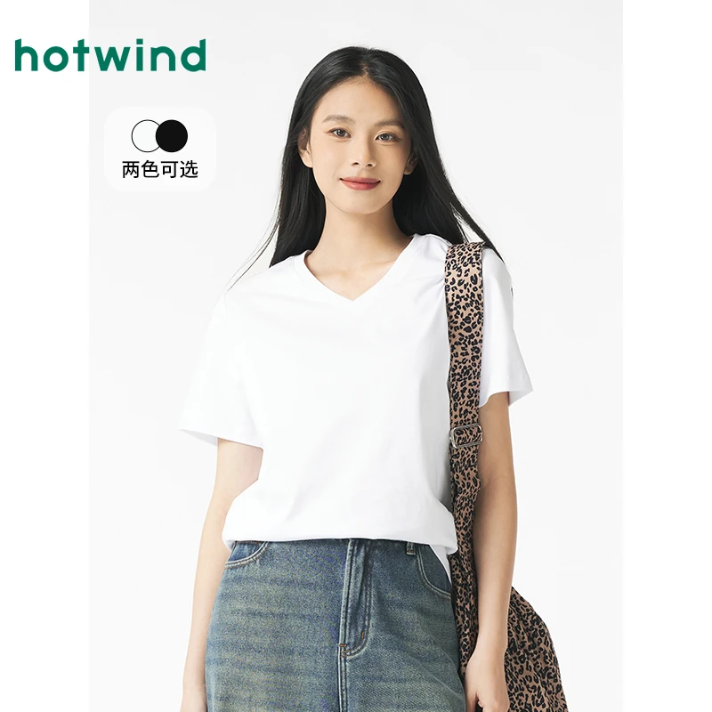 热风T恤2025年秋款女士V领短袖白色基础款内搭纯色宽松上衣女