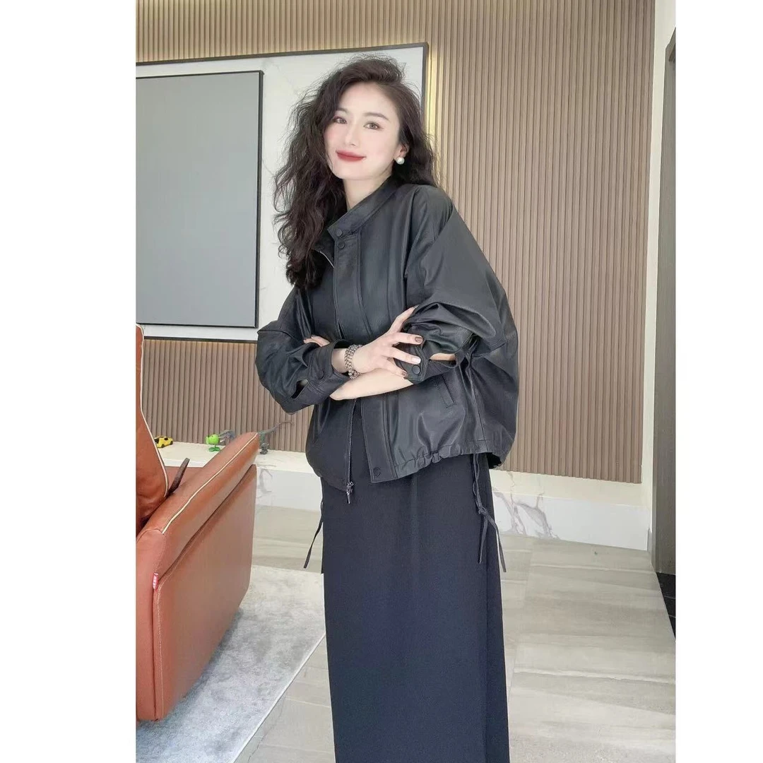 2024-春秋真皮翻领修身常规纯色气质减龄短款通勤时尚外套-315