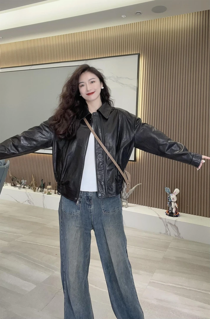 2024-春秋真皮修身常规纯色气质减龄网红短款通勤时尚外套-810