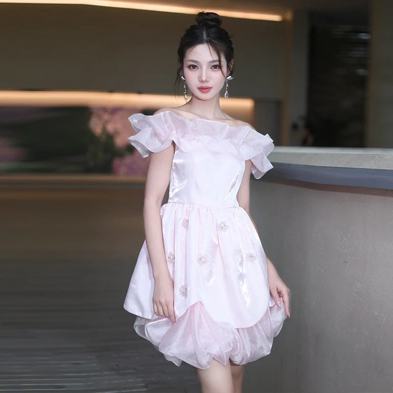 SUSAN LAZAR流光雾纱露肩珊瑚褶边亮钻珍珠花苞裙