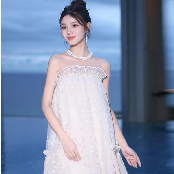 SUSAN LAZAR木耳边雾纱层次花朵珍珠抹胸娃娃裙