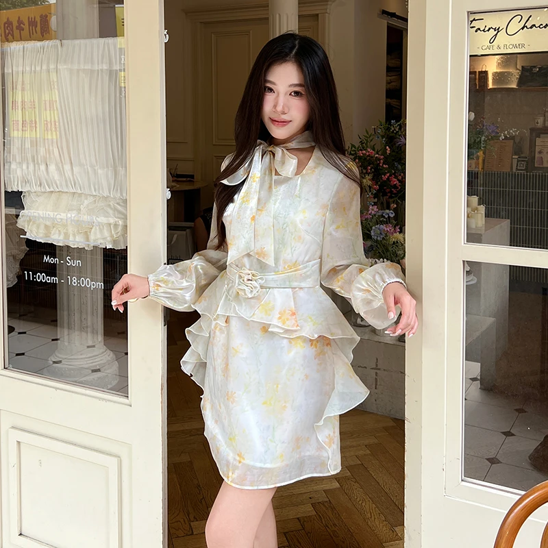 SUSAN LAZAR印花丝光花朵荷叶边连衣裙