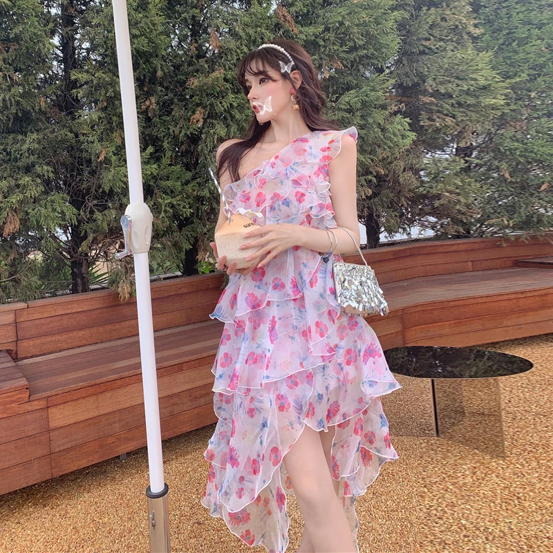 SUSAN LAZAR 花仙子系列轻奢碎花轻纱斜肩公主礼服蛋糕连衣裙女新