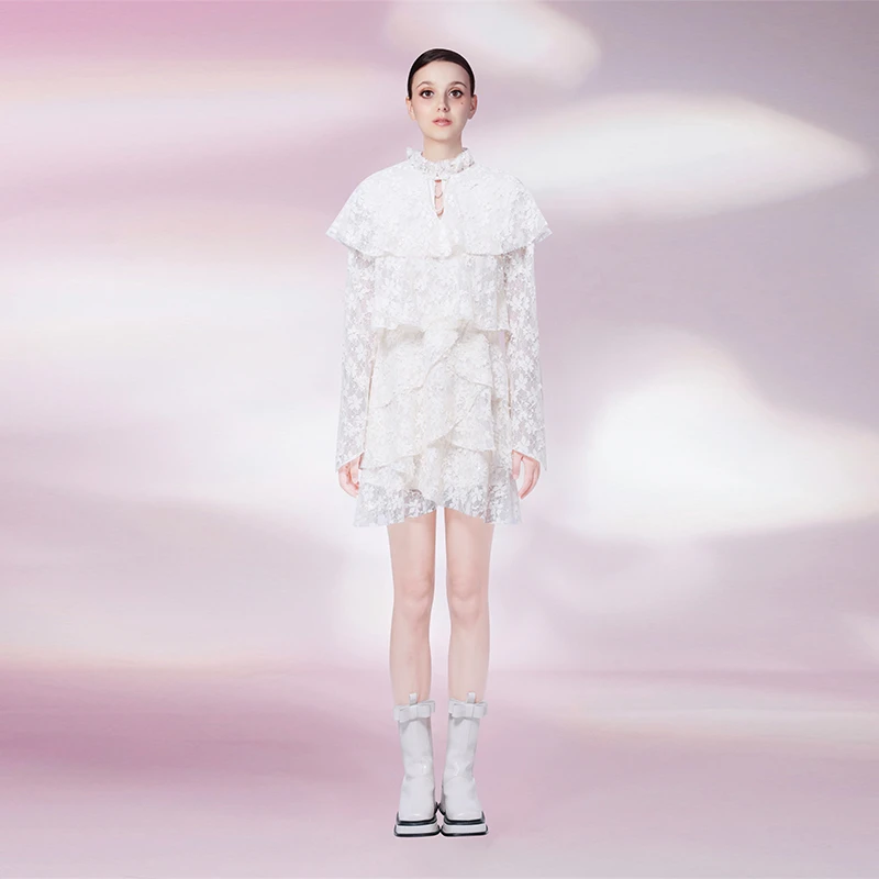 SUSAN LAZAR蕾丝新中式旗袍荷叶边连衣裙