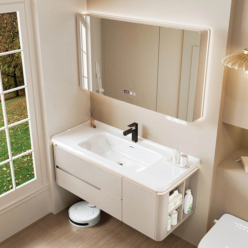 【A3橡胶木烤漆-带侧边柜】奶油风圆角陶瓷一体盆挡水沿浴室柜组合