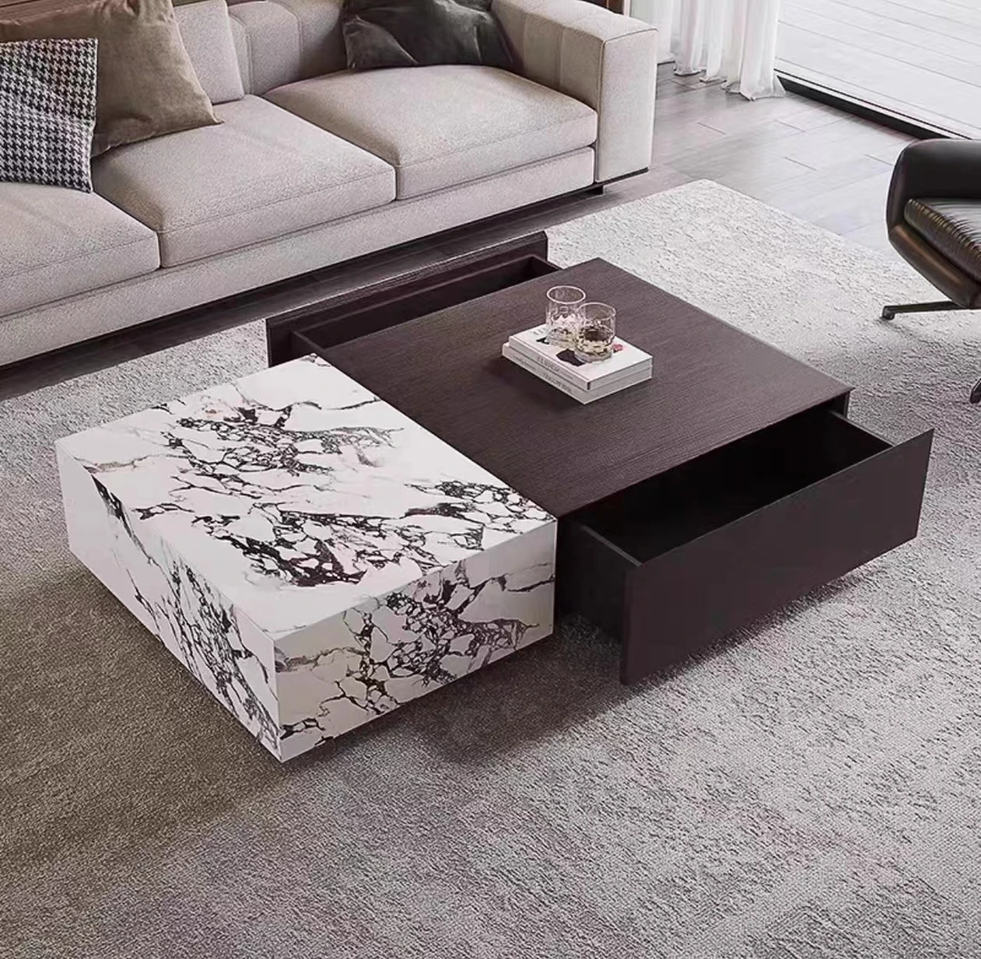 意式极简岩板长方形茶几小户型实木带储物客厅实木茶几