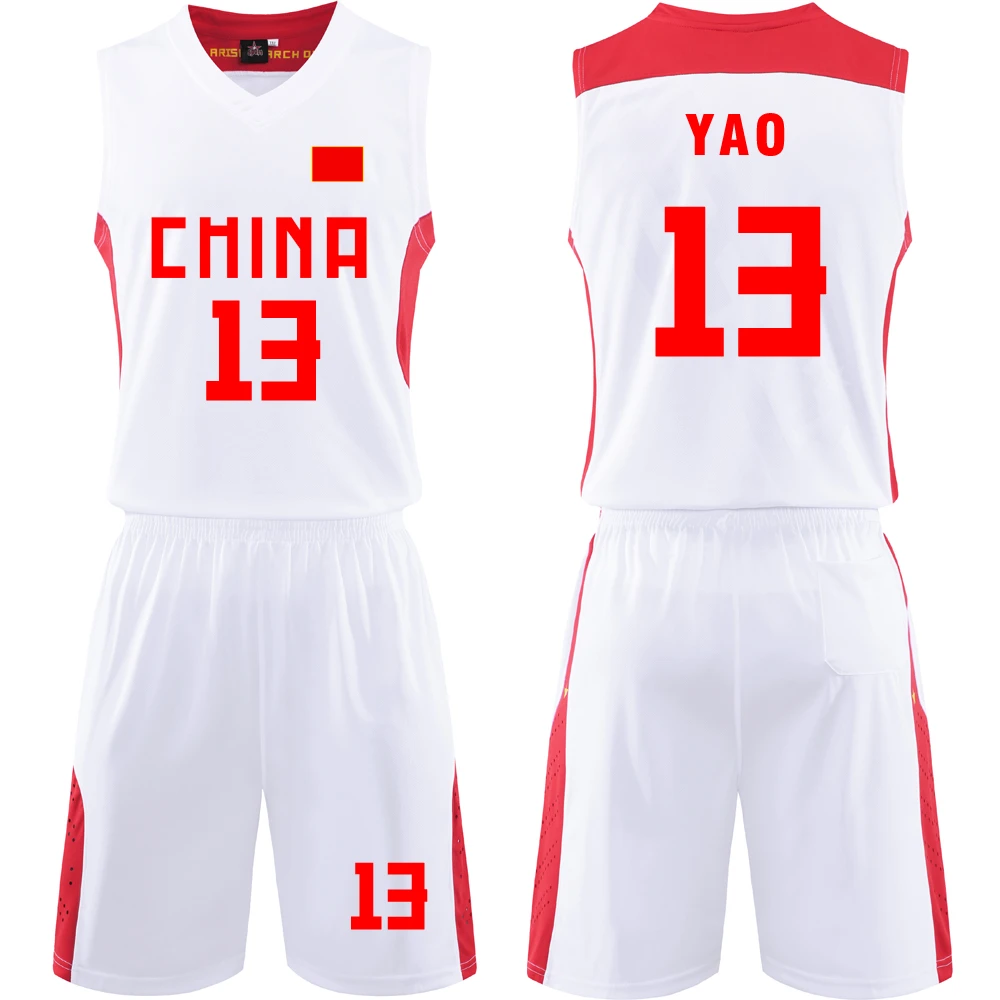 13号姚明伦敦赛中国男篮国家队篮球比赛训练服套装定制印刷白色