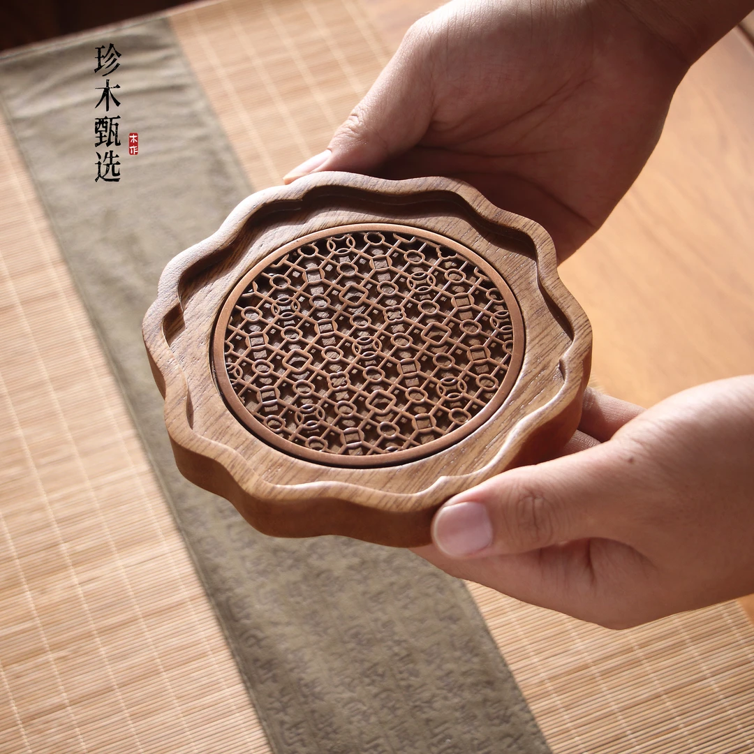 南美胡桃木浪花壶承整木实木茶杯垫壶垫 规格：14*14*2