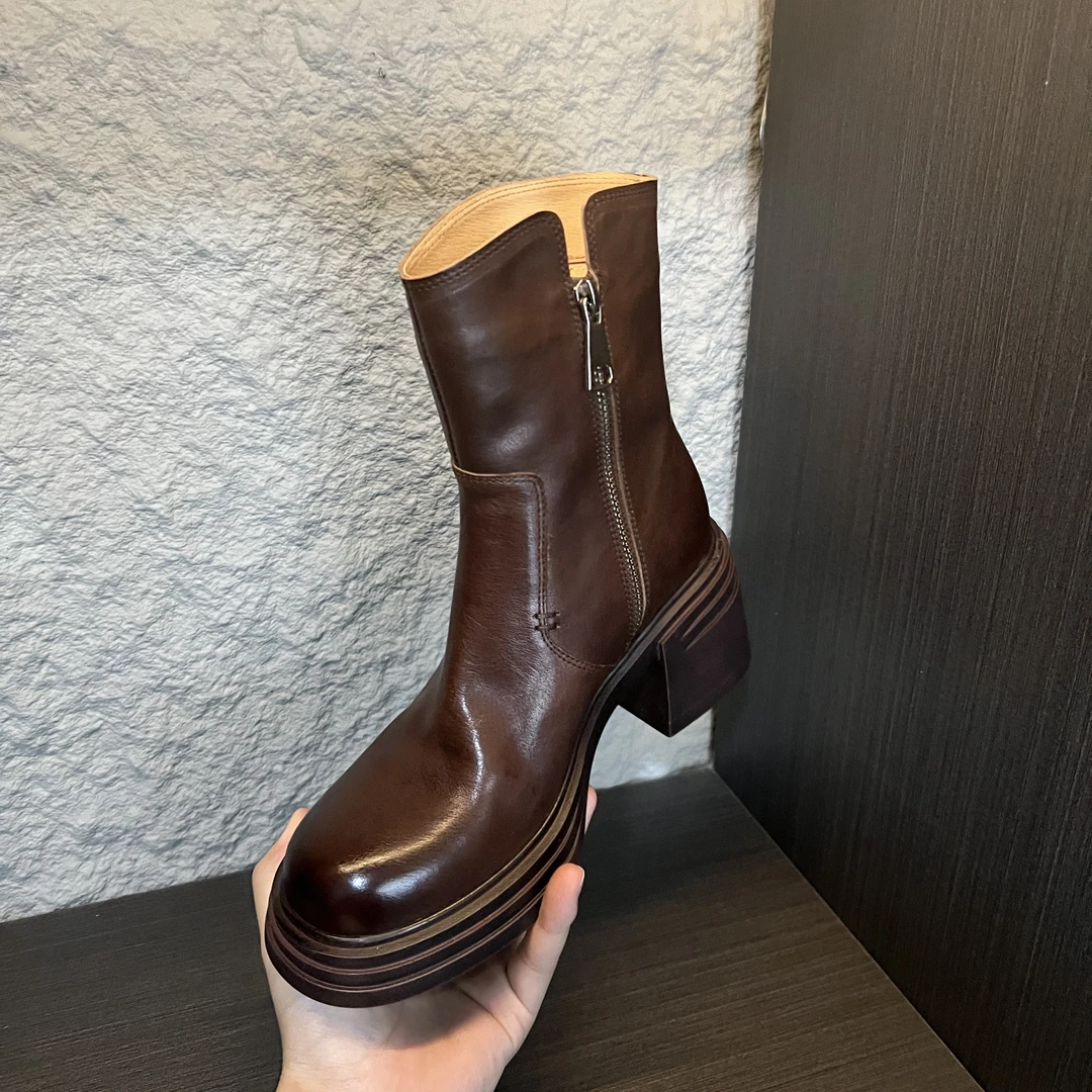 【MUUNIE】6cm,秋冬新款百搭真皮圆头粗跟英伦风厚底短靴厚绒时尚靴