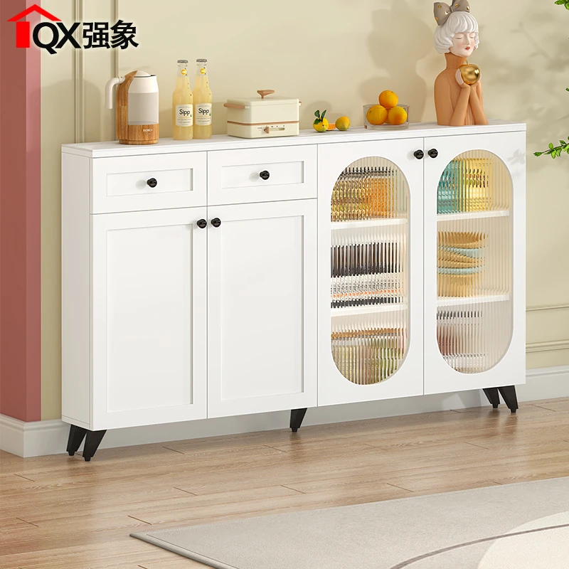 奶油风岩板餐边柜一体靠墙薄款白色客厅边柜厨房储物柜收纳柜G245