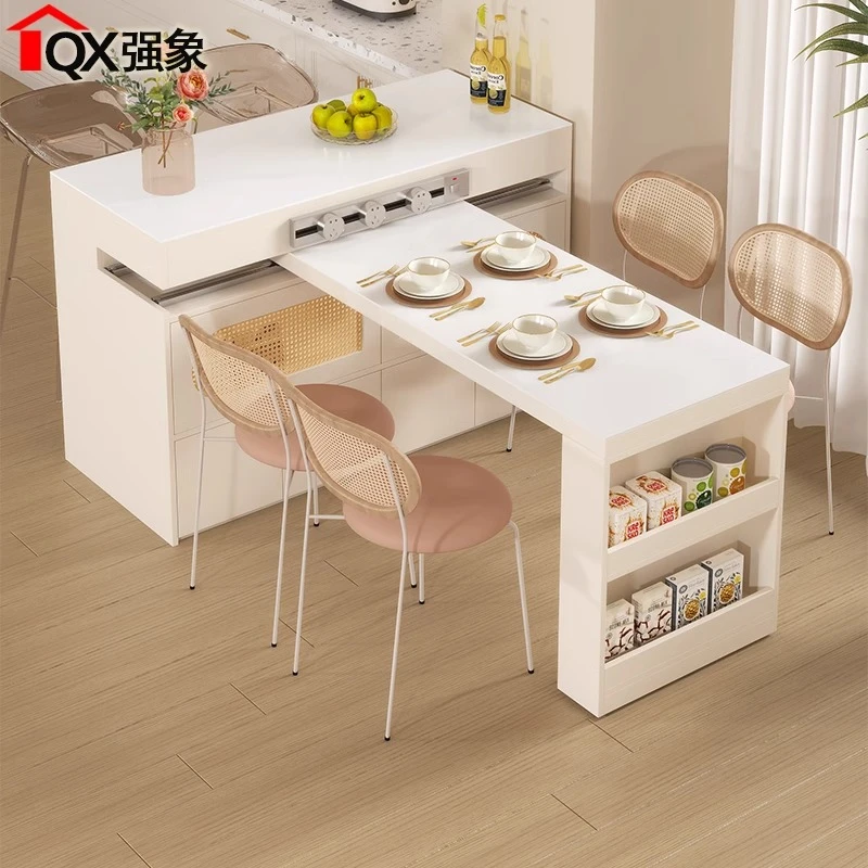 定制岛台餐桌一体可伸缩旋转中岛台小户型家用岩板吧台饭桌E41-1