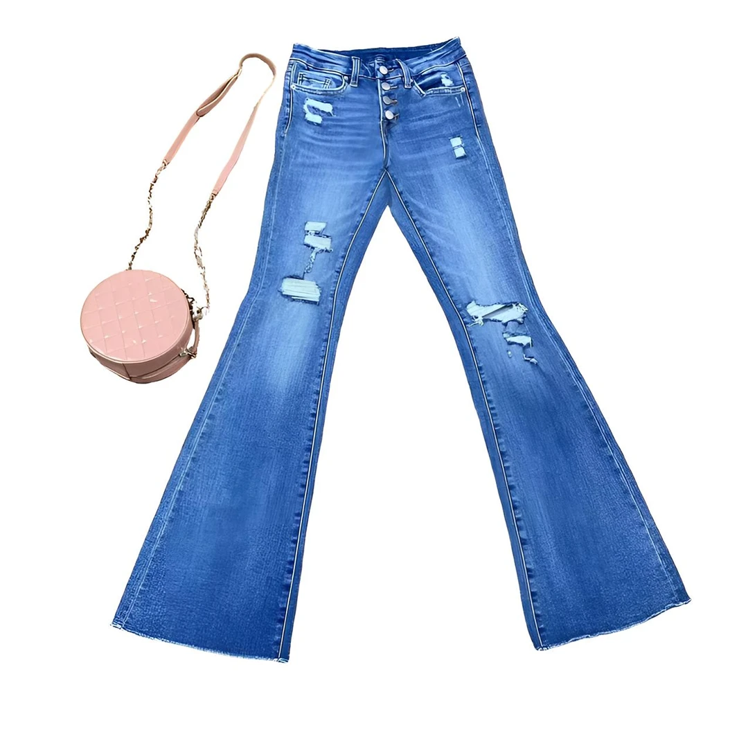 【旺角名品购B16】百搭显瘦修身蓝色毛边破洞微喇牛仔裤长裤