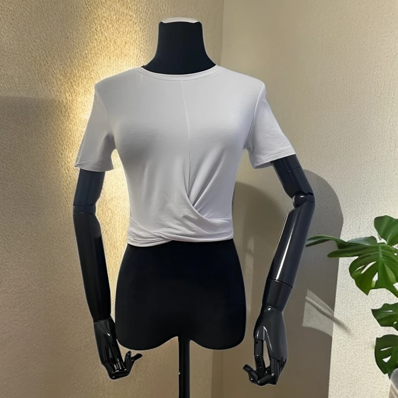 【旺角名品购B21】褶皱圆领纯色夏季透气女士修身短款短袖T恤