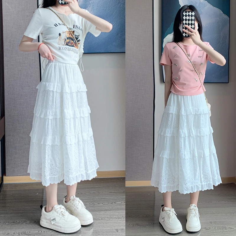 小个子白色蛋糕裙显瘦半身裙女春夏季a字高腰蕾丝中长款裙子伞裙